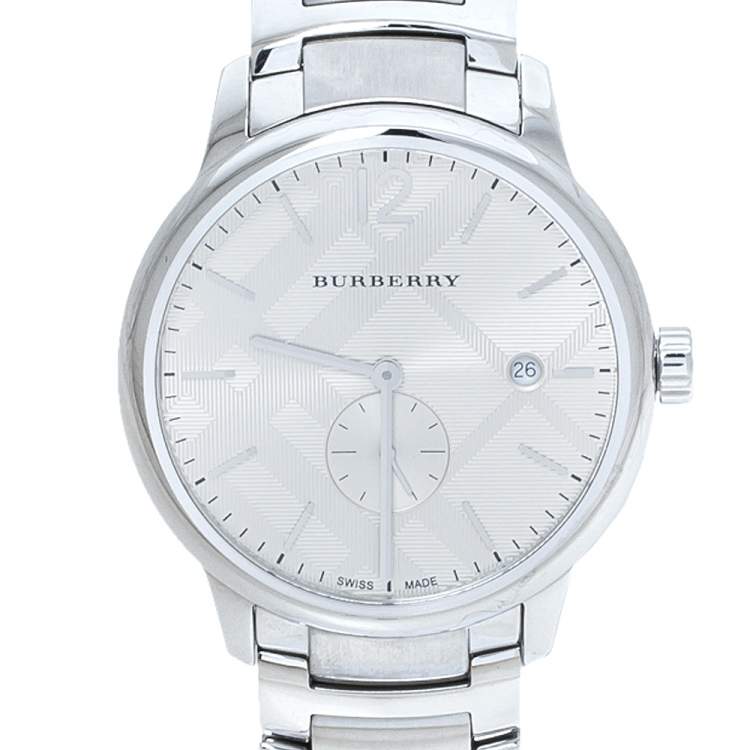 Pre Owned Burberry Silver Beige Stainless Steel Classic BU10004 Men's Wristwatch 40 mm