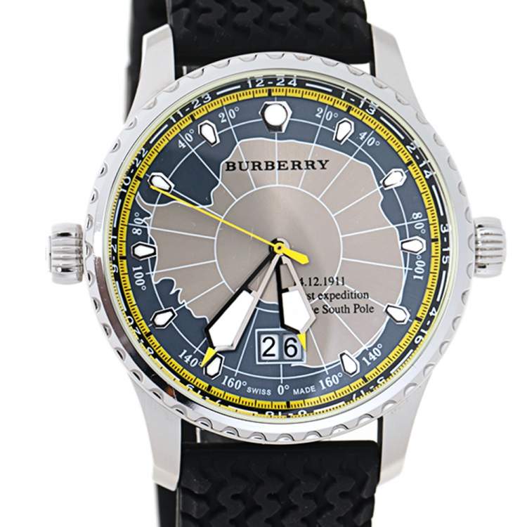 Pre Owned Burberry Grey Stainless Steel Silicon Rubber South Pole Expedition BU7501 Men's Wristwatch 43 mm