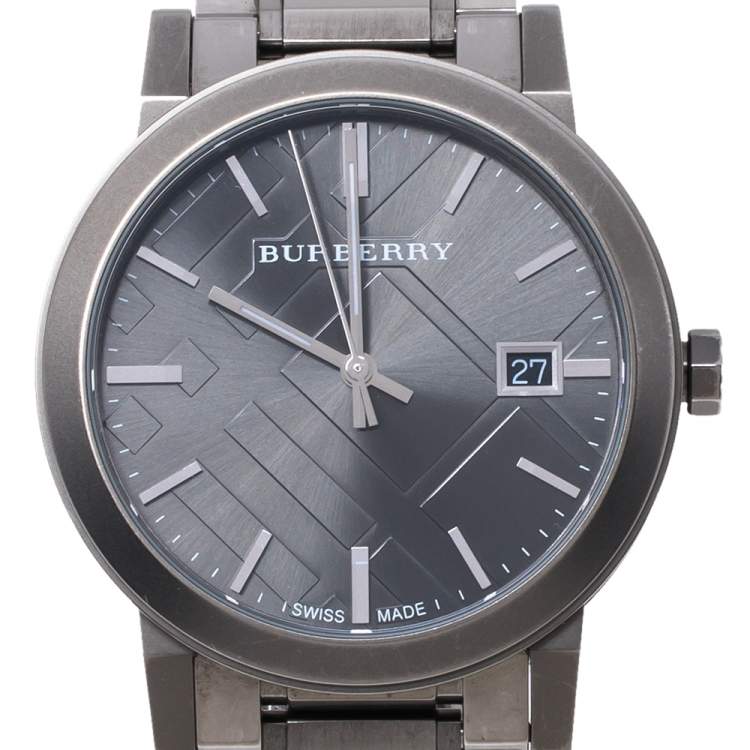 Pre Owned Burberry Grey Ion Plated Stainless Steel The City BU9007 Men's Wristwatch 38 MM
