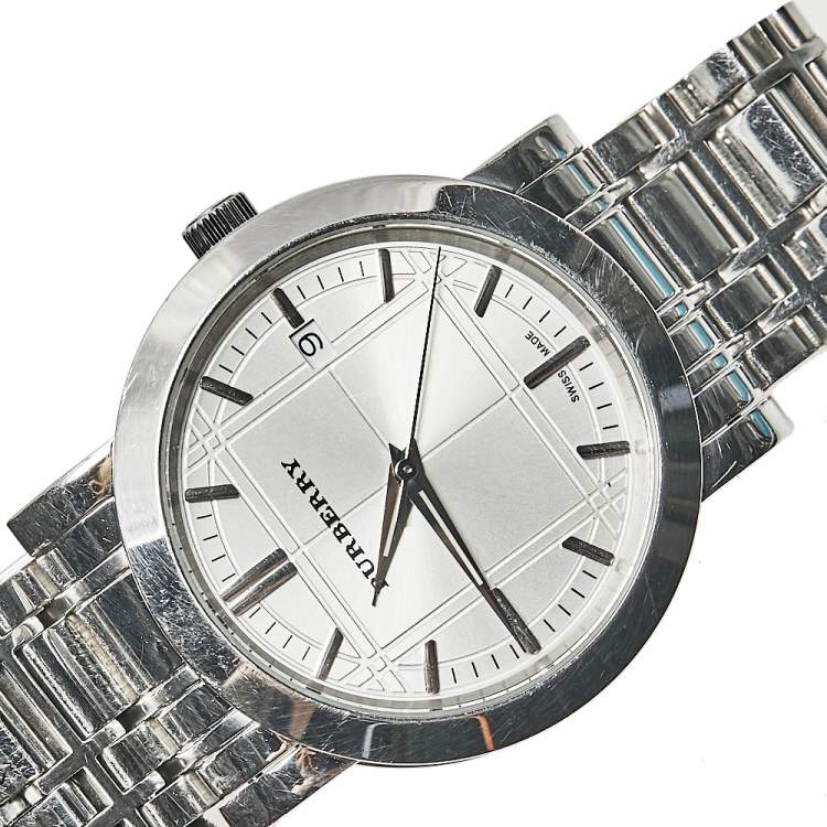 Pre Owned Burberry Silver Stainless Steel Heritage BU1350 Men's Wristwatch 38 mm