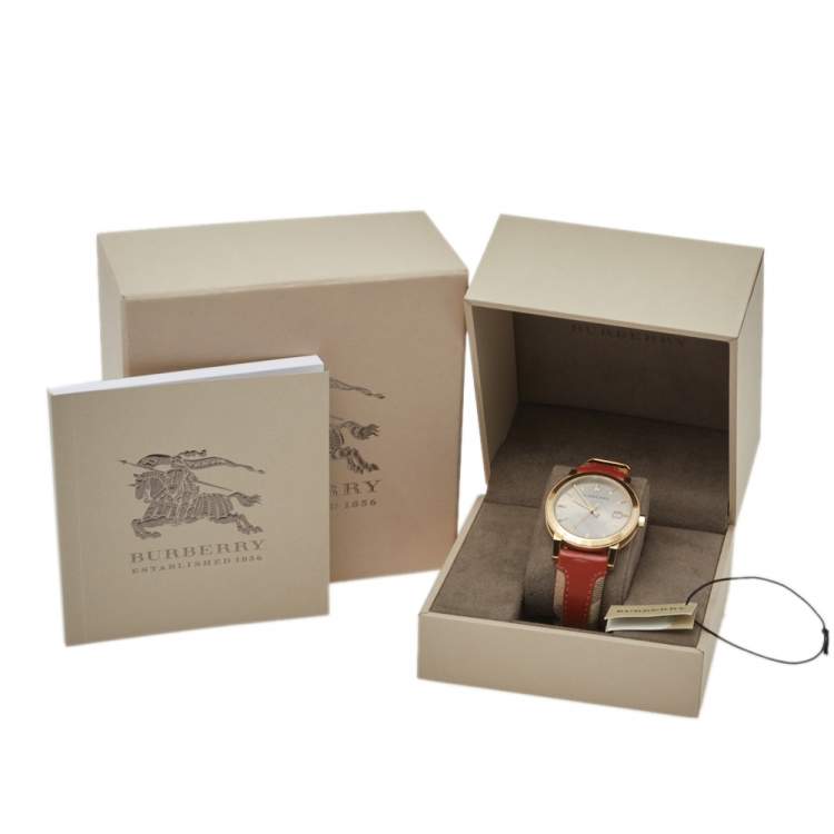 Pre Owned Burberry Beige Gold Plated Stainless Steel Leather BU9016 Men’s Wristwatch 38 mm