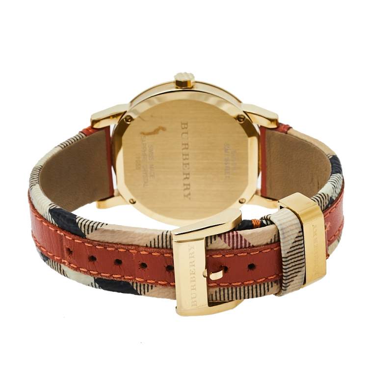 Pre Owned Burberry Beige Gold Plated Stainless Steel Leather BU9016 Men’s Wristwatch 38 mm