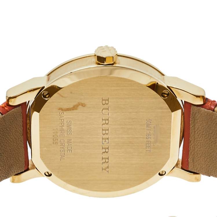 Pre Owned Burberry Beige Gold Plated Stainless Steel Leather BU9016 Men’s Wristwatch 38 mm