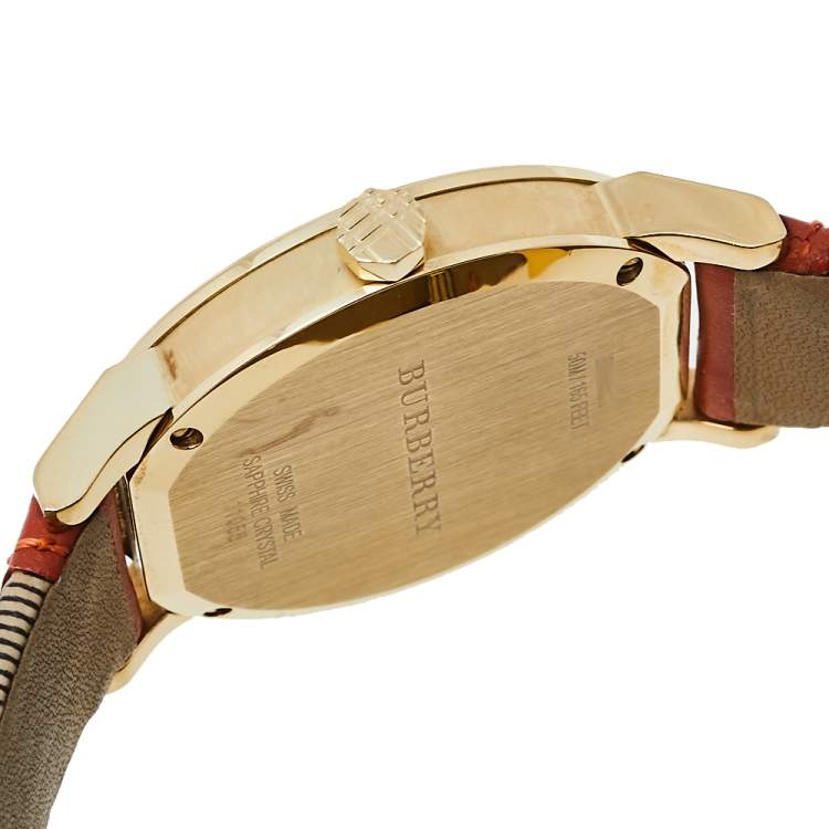 Pre Owned Burberry Beige Gold Plated Stainless Steel Leather BU9016 Men’s Wristwatch 38 mm