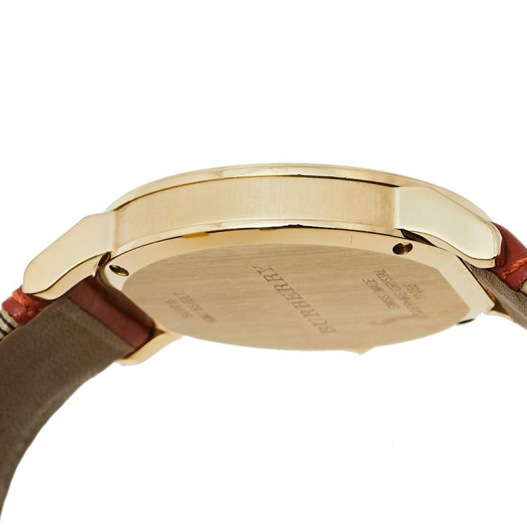 Pre Owned Burberry Beige Gold Plated Stainless Steel Leather BU9016 Men’s Wristwatch 38 mm