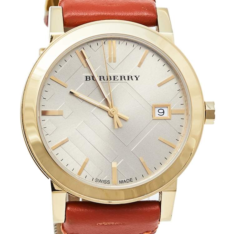 Pre Owned Burberry Beige Gold Plated Stainless Steel Leather BU9016 Men’s Wristwatch 38 mm