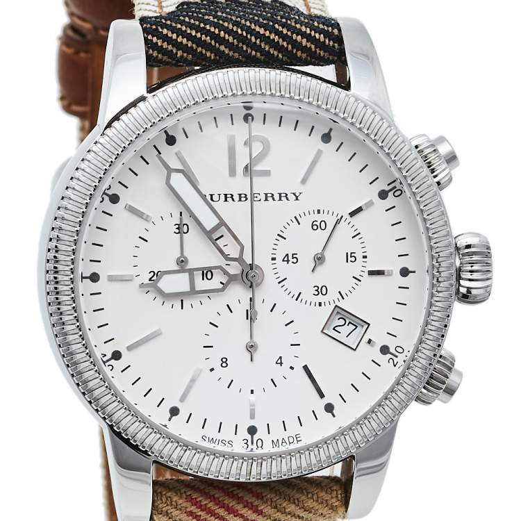 Pre Owned Burberry White Stainless Steel The Utilitarian House Check BU7820 Men's Wristwatch 42 mm