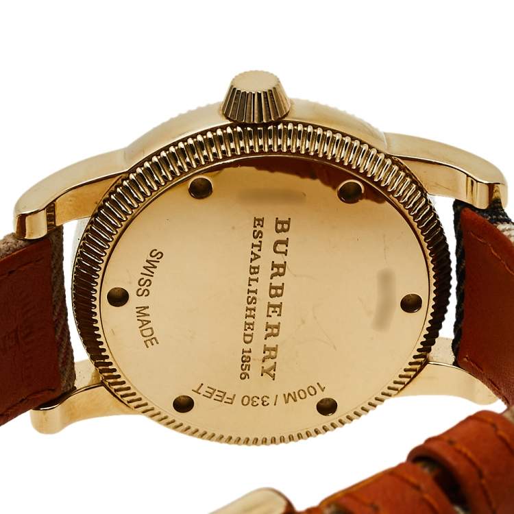 Pre Owned Burberry Beige Gold Tone Stainless Steel Leather Utilitarian BU7834 Men's Wristwatch 40 mm