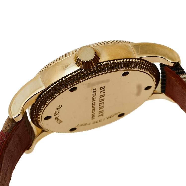Pre Owned Burberry Beige Gold Tone Stainless Steel Leather Utilitarian BU7834 Men's Wristwatch 40 mm