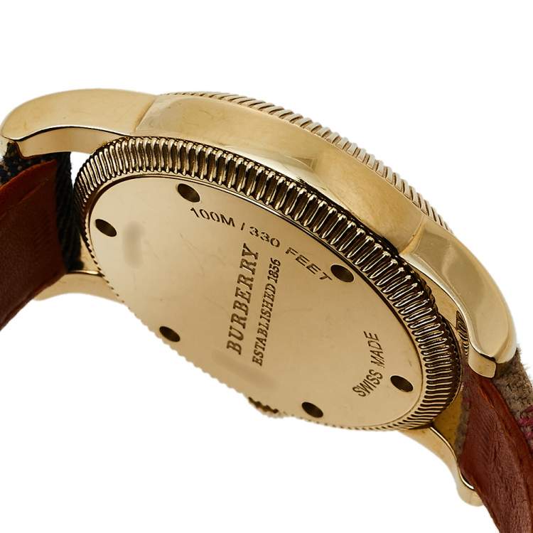 Pre Owned Burberry Beige Gold Tone Stainless Steel Leather Utilitarian BU7834 Men's Wristwatch 40 mm