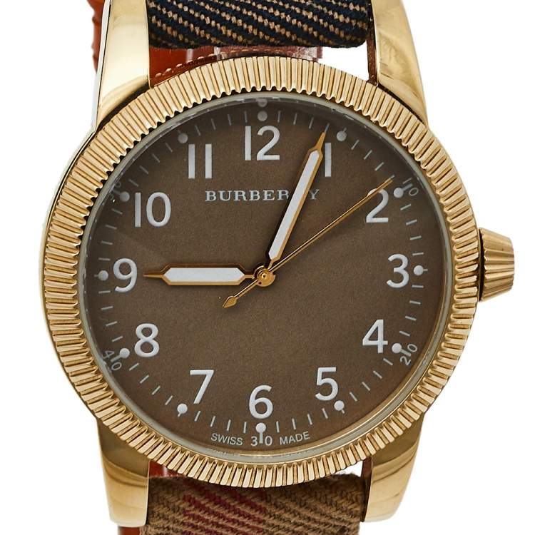 Pre Owned Burberry Beige Gold Tone Stainless Steel Leather Utilitarian BU7834 Men's Wristwatch 40 mm