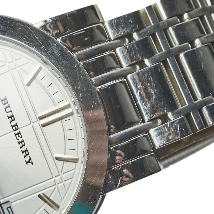 Pre Owned Burberry Silver Stainless Steel Heritage BU1350 Men's Wristwatch 38 mm