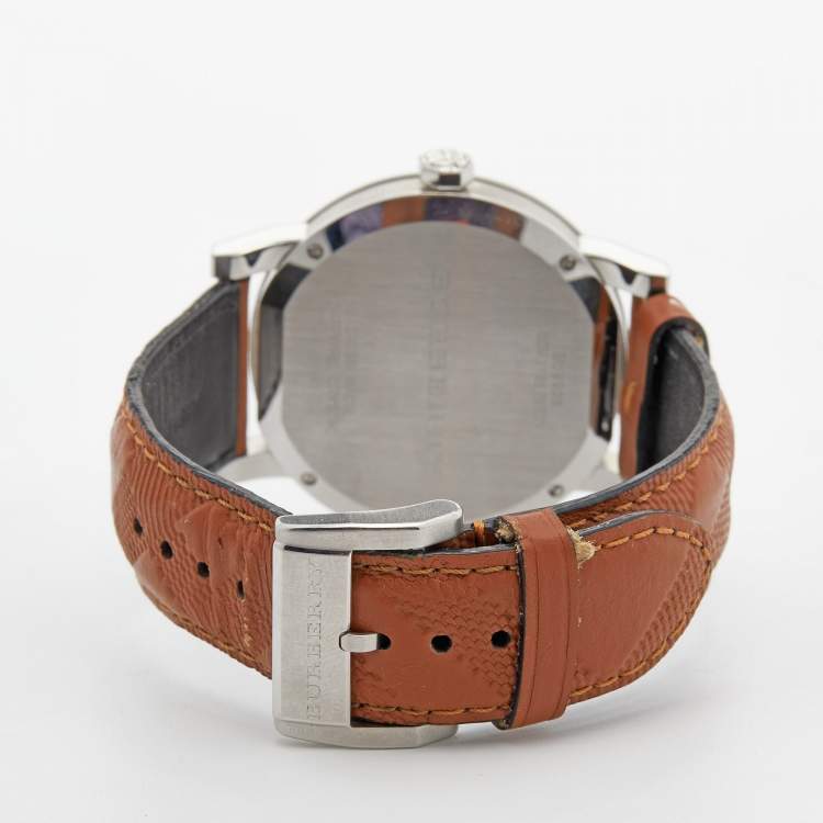 Pre Owned Burberry Black Stainless Steel Leather The City BU9905 Men's Wristwatch 42 mm