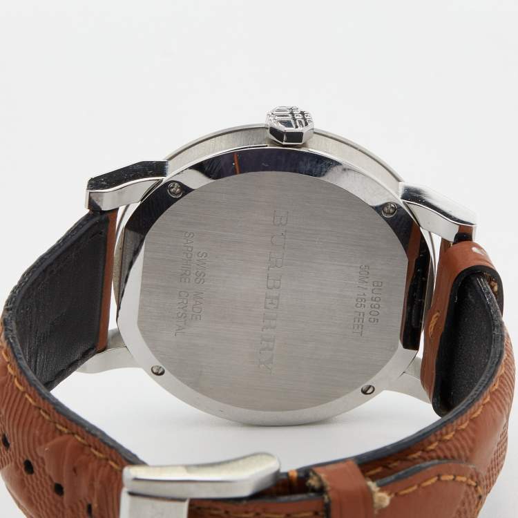 Pre Owned Burberry Black Stainless Steel Leather The City BU9905 Men's Wristwatch 42 mm