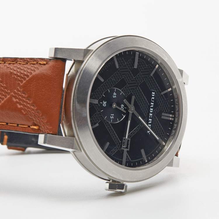 Pre Owned Burberry Black Stainless Steel Leather The City BU9905 Men's Wristwatch 42 mm