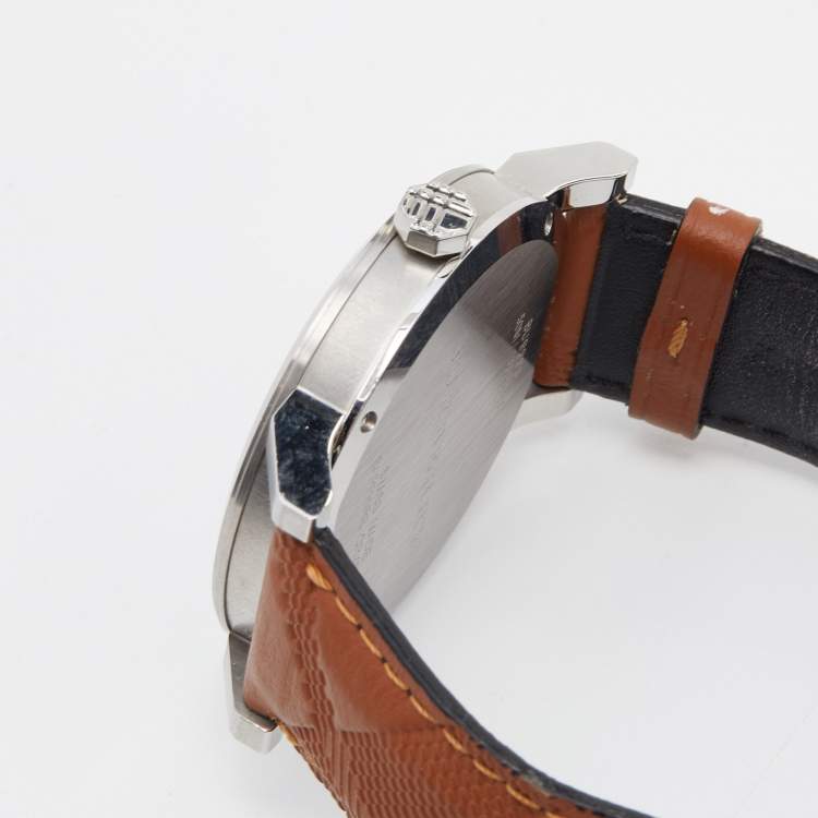 Pre Owned Burberry Black Stainless Steel Leather The City BU9905 Men's Wristwatch 42 mm