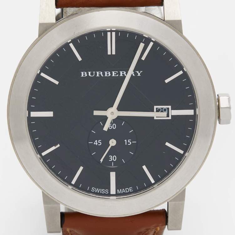 Pre Owned Burberry Black Stainless Steel Leather The City BU9905 Men's Wristwatch 42 mm