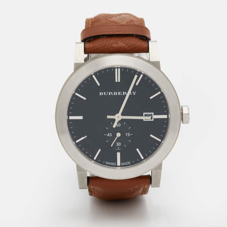 Pre Owned Burberry Black Stainless Steel Leather The City BU9905 Men's Wristwatch 42 mm