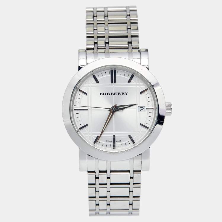 Pre Owned Burberry Silver Stainless Steel Heritage BU1350 Men's Wristwatch 38 mm