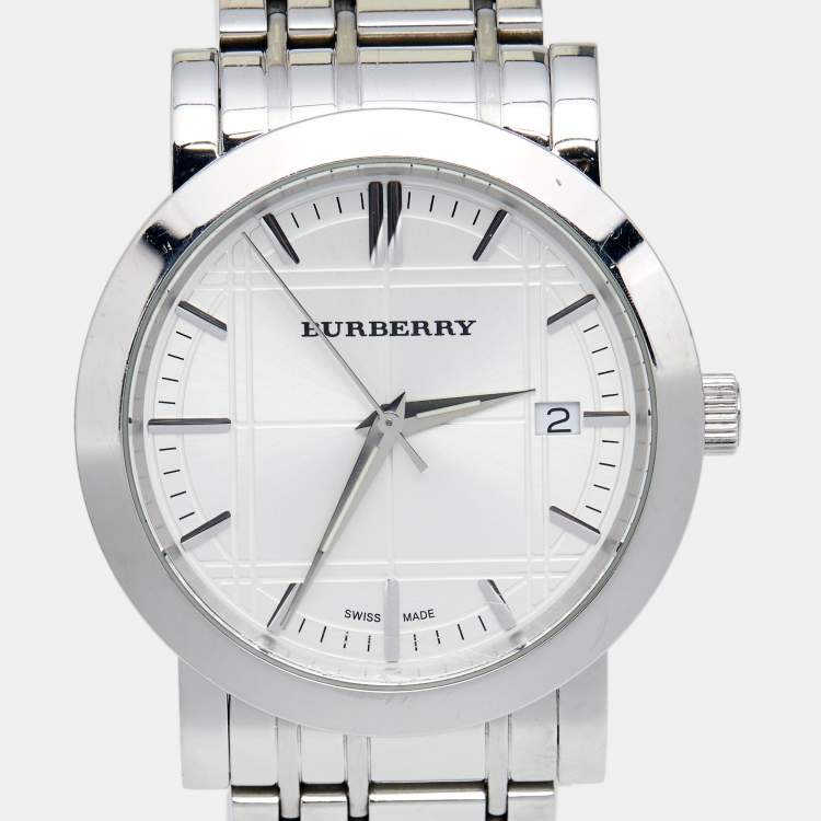 Pre Owned Burberry Silver Stainless Steel Heritage BU1350 Men's Wristwatch 38 mm