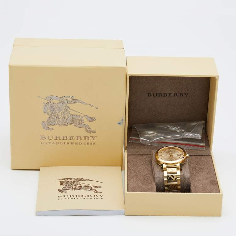 Pre Owned Burberry Gold Check Stamped Gold Plated Stainless Steel The City BU9038 Unisex Wristwatch 38 mm