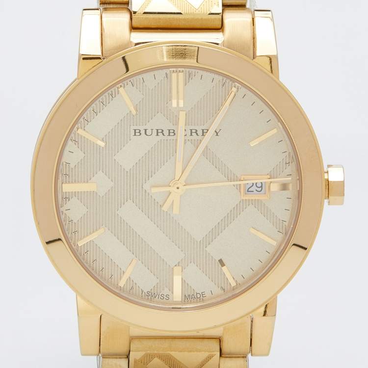 Pre Owned Burberry Gold Check Stamped Gold Plated Stainless Steel The City BU9038 Unisex Wristwatch 38 mm