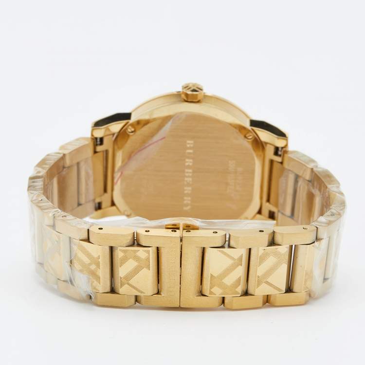 Pre Owned Burberry Gold Check Stamped Gold Plated Stainless Steel The City BU9038 Unisex Wristwatch 38 mm