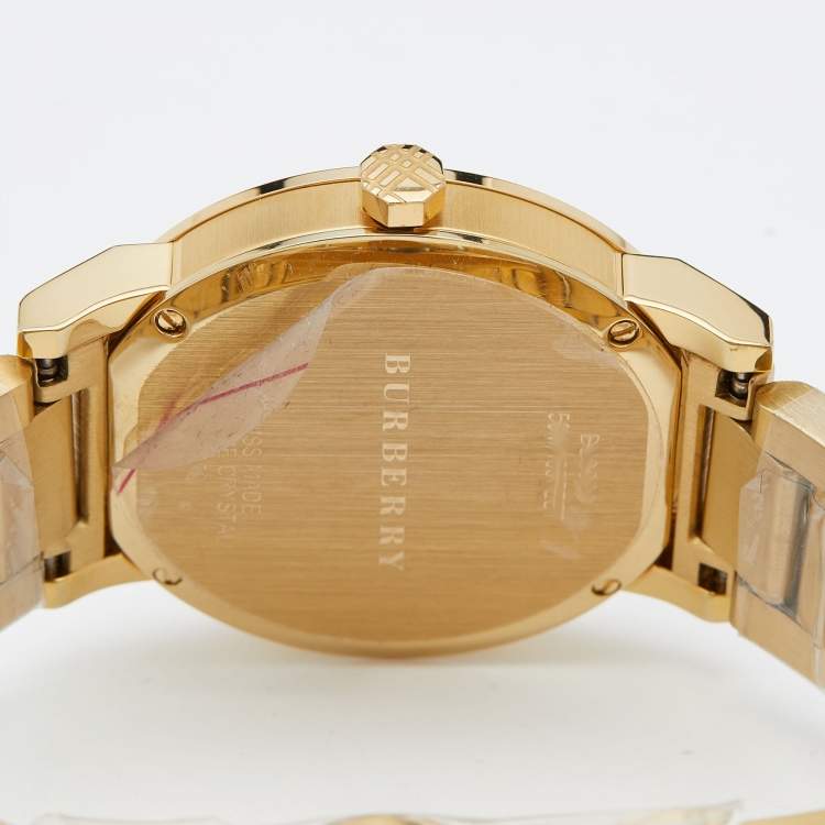 Pre Owned Burberry Gold Check Stamped Gold Plated Stainless Steel The City BU9038 Unisex Wristwatch 38 mm
