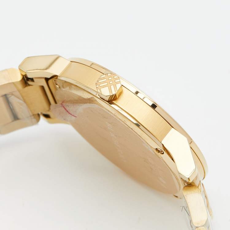 Pre Owned Burberry Gold Check Stamped Gold Plated Stainless Steel The City BU9038 Unisex Wristwatch 38 mm