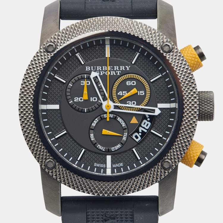 Pre Owned Burberry Grey PVD Coated Stainless Steel Rubber Endurance BU7713 Men's Wristwatch 44 mm 