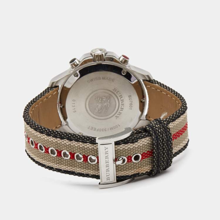 Pre Owned Burberry Grey Stainless Steel Canvas Endurance BU7601 Men's Wristwatch 44 mm