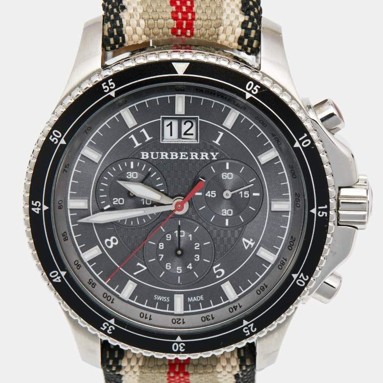 Pre Owned Burberry Grey Stainless Steel Canvas Endurance BU7601 Men's Wristwatch 44 mm