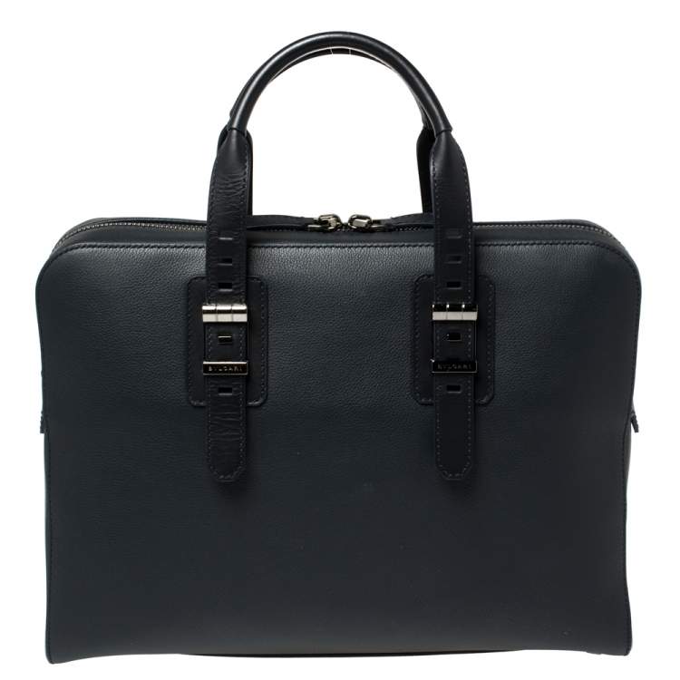 Pre Owned Bvlgari Deep Midnight Blue Leather Zip Briefcase