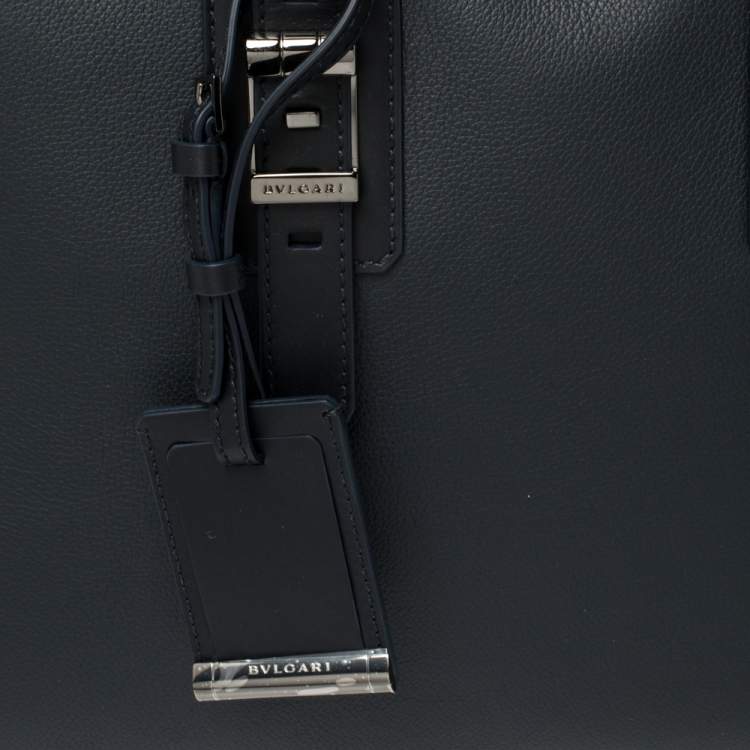 Pre Owned Bvlgari Deep Midnight Blue Leather Zip Briefcase
