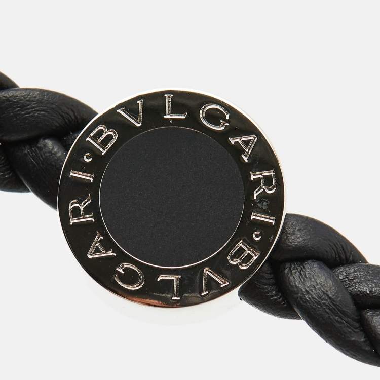 Pre Owned Bvlgari Bvlgari Man Braided Leather Enamel Palladium Plated Bracelet