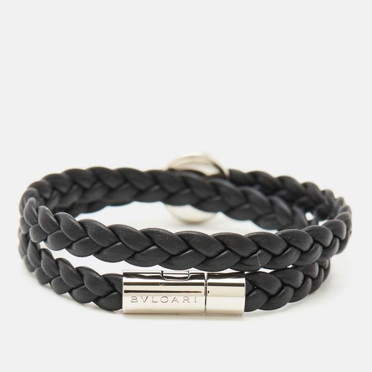 Pre Owned Bvlgari Bvlgari Man Braided Leather Enamel Palladium Plated Bracelet