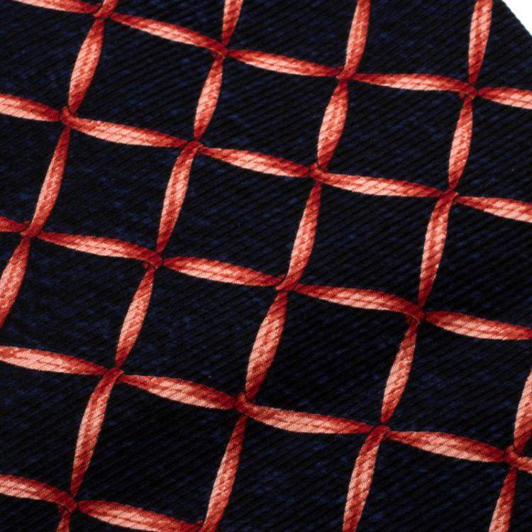 Pre Owned Bvlgari Davide Pizzigoni Navy Blue Ribbon Print Silk Seven Fold Tie