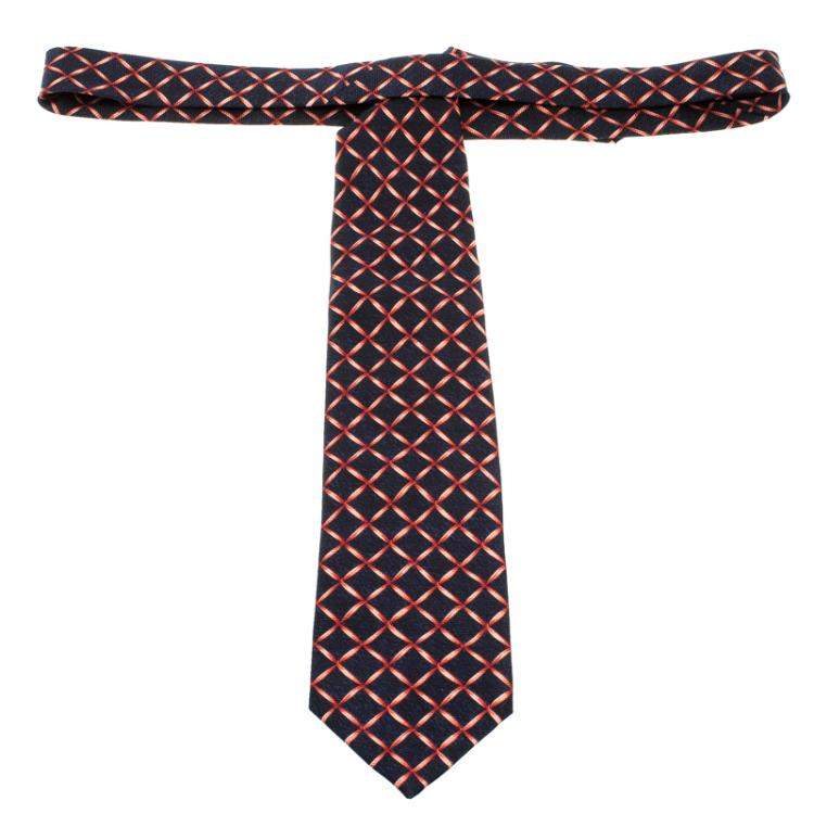 Pre Owned Bvlgari Davide Pizzigoni Navy Blue Ribbon Print Silk Seven Fold Tie