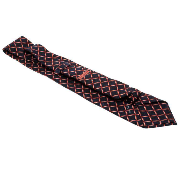 Pre Owned Bvlgari Davide Pizzigoni Navy Blue Ribbon Print Silk Seven Fold Tie