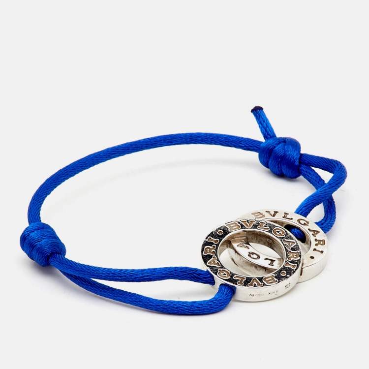 Pre Owned Bvlgari Fortuna Interlocking Circles Sterling Silver Blue Cord Adjustable Bracelet