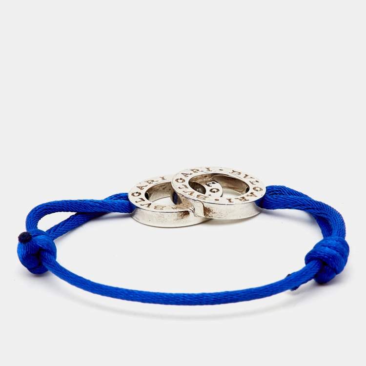 Pre Owned Bvlgari Fortuna Interlocking Circles Sterling Silver Blue Cord Adjustable Bracelet