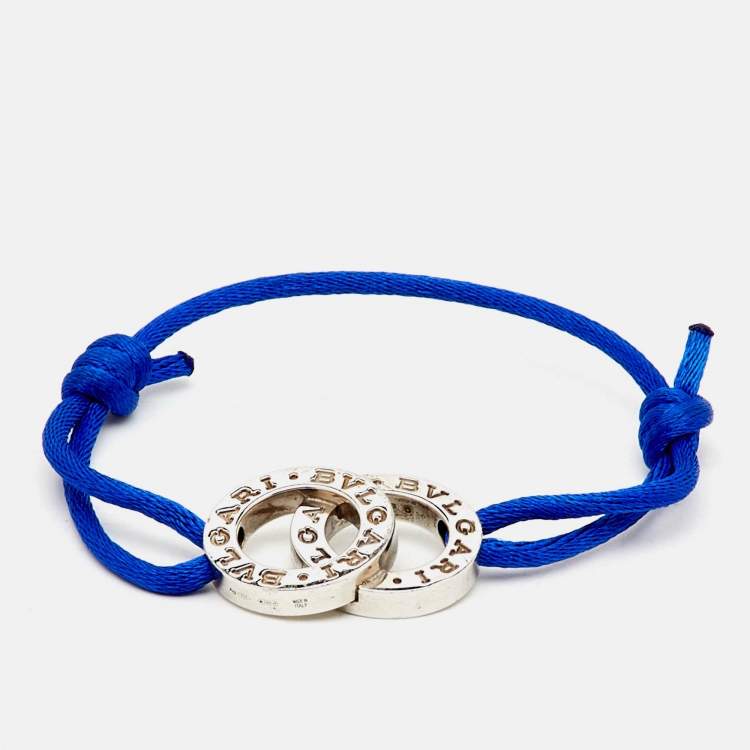 Pre Owned Bvlgari Fortuna Interlocking Circles Sterling Silver Blue Cord Adjustable Bracelet