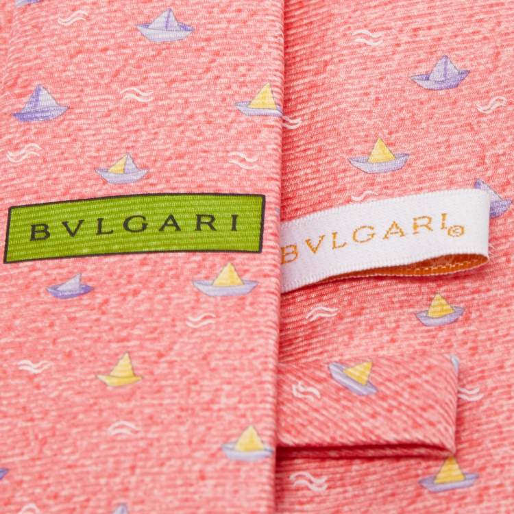 Pre Owned Bvlgari Pink Boat Print Silk Traditional Tie