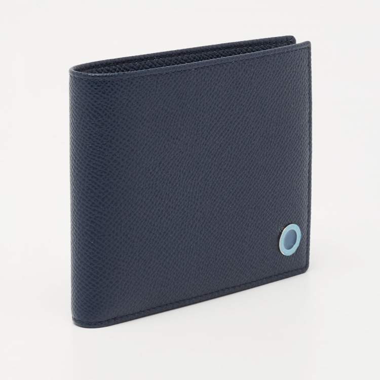 Pre Owned Bvlgari Navy Blue Grained Leather Bifold Compact Wallet