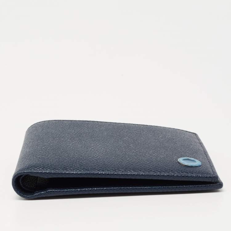 Pre Owned Bvlgari Navy Blue Grained Leather Bifold Compact Wallet