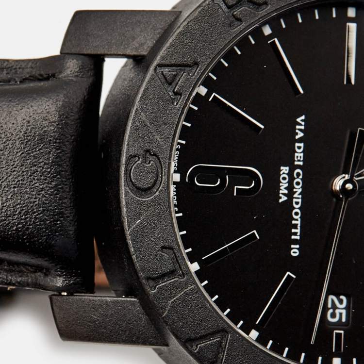 Pre Owned Bvlgari Black Carbongold Leather Via Dei Condotti 10 Roma BB 40 CL Men's Wristwatch 40 mm