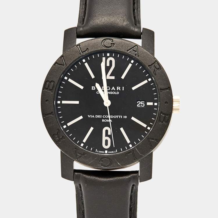 Pre Owned Bvlgari Black Carbongold Leather Via Dei Condotti 10 Roma BB 40 CL Men's Wristwatch 40 mm