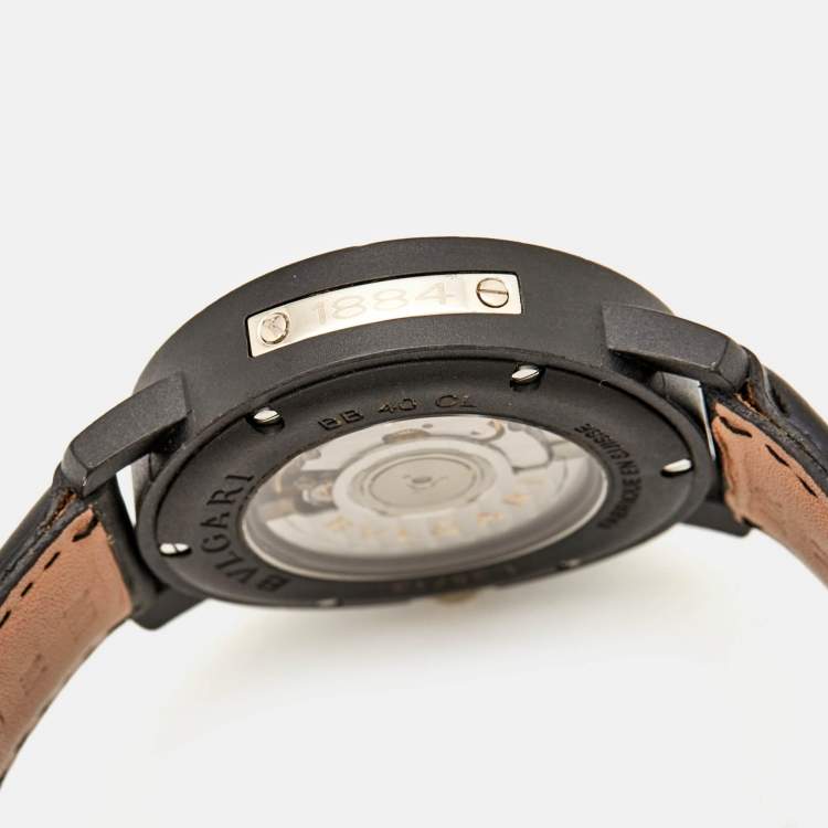 Pre Owned Bvlgari Black Carbongold Leather Via Dei Condotti 10 Roma BB 40 CL Men's Wristwatch 40 mm