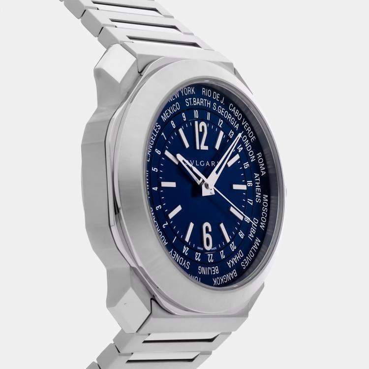 Pre Owned Pre-Owned Bvlgari Octo Roma World Timer 103481 Blue Automatic Stainless Steel Men's Wristwatch 41 mm