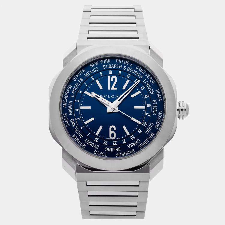Pre Owned Pre-Owned Bvlgari Octo Roma World Timer 103481 Blue Automatic Stainless Steel Men's Wristwatch 41 mm